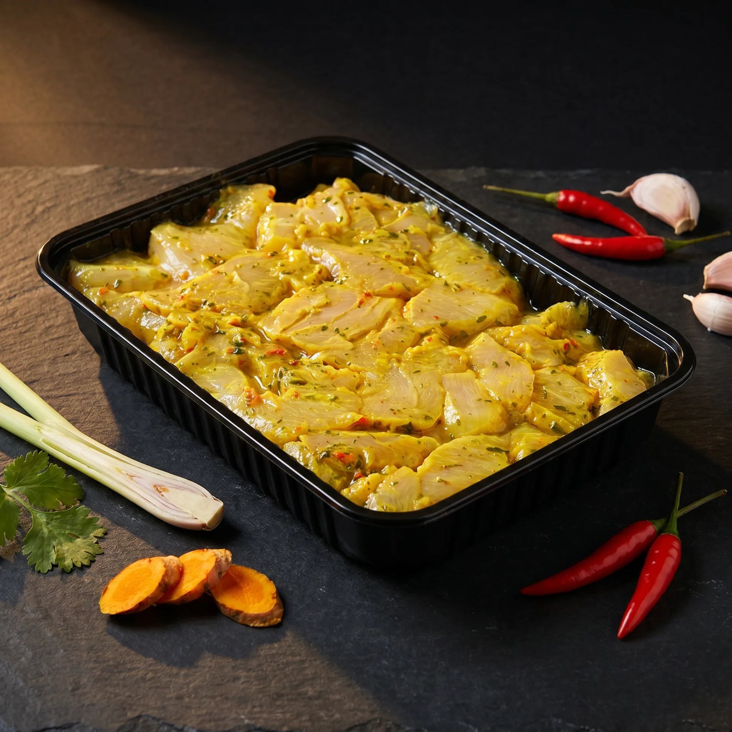 Poêlée de poulet mariné saveur Thaï, marinade soja citronnelle, barquette prête à cuire