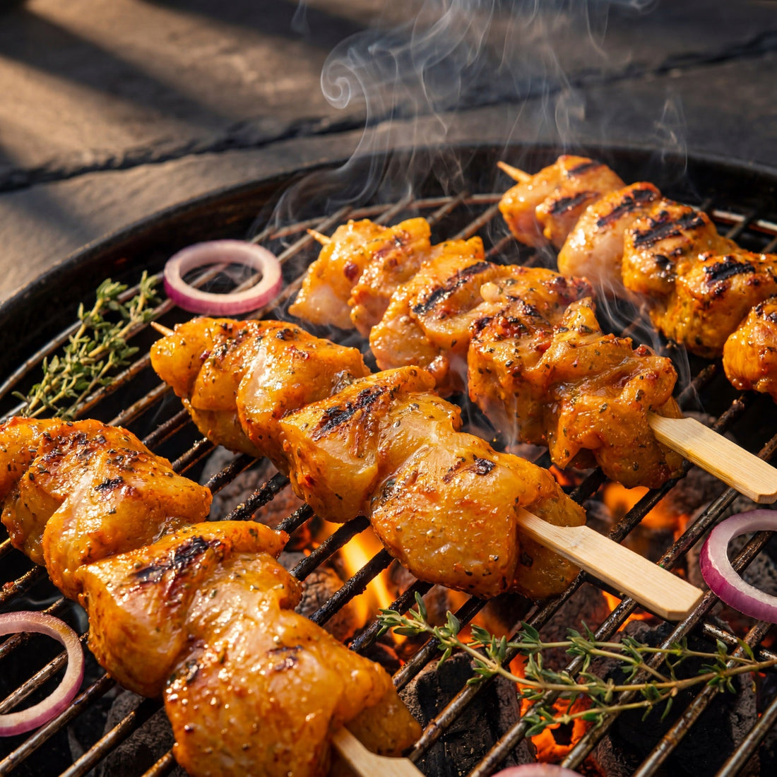 Brochettes de poulet mariné grillées au barbecue, marques de grille et fumée