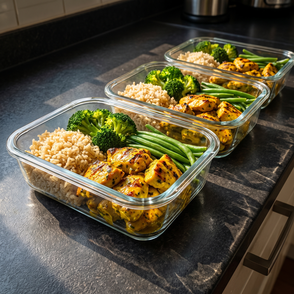 Portions de poulet mariné Poulet Minute réparties dans des boîtes hermétiques de batch cooking avec riz, brocolis et haricots verts