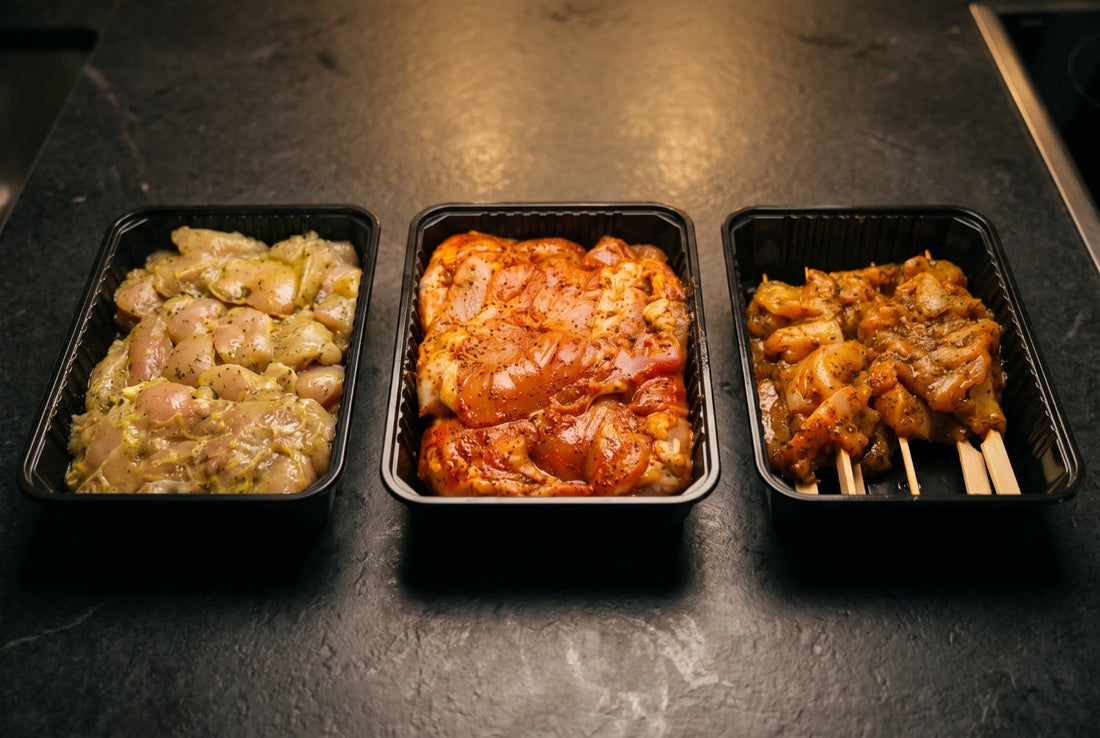 Trois barquettes de poulet mariné vues de dessus, poêlée, hauts de cuisse et brochettes, comparaison des trois formats Poulet Minute