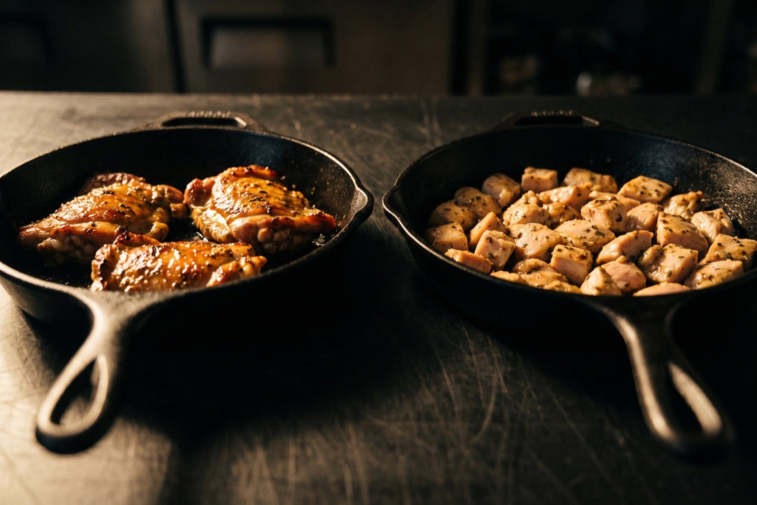 Deux poêlées de poulet mariné aux cèpes, l'une en hauts de cuisse désossés, l'autre en filet coupé, côte à côte pour comparer la coupe