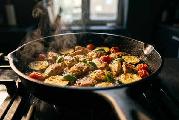 Poêlée de poulet mariné Thym Citron aux courgettes et tomates cerises dans une poêle en fonte noire, vapeur montante