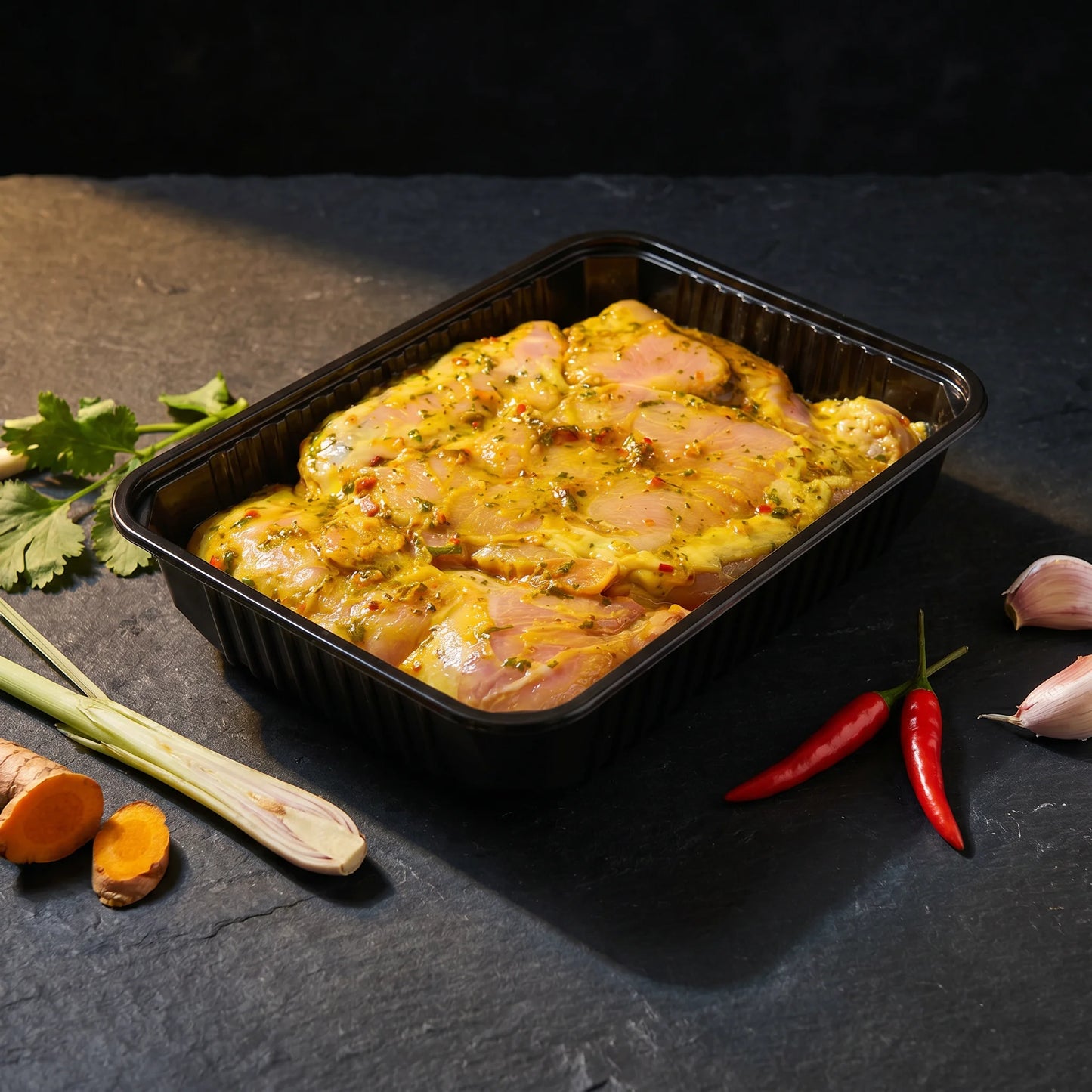 Hauts de cuisses Thaï marinés, barquette poulet frais