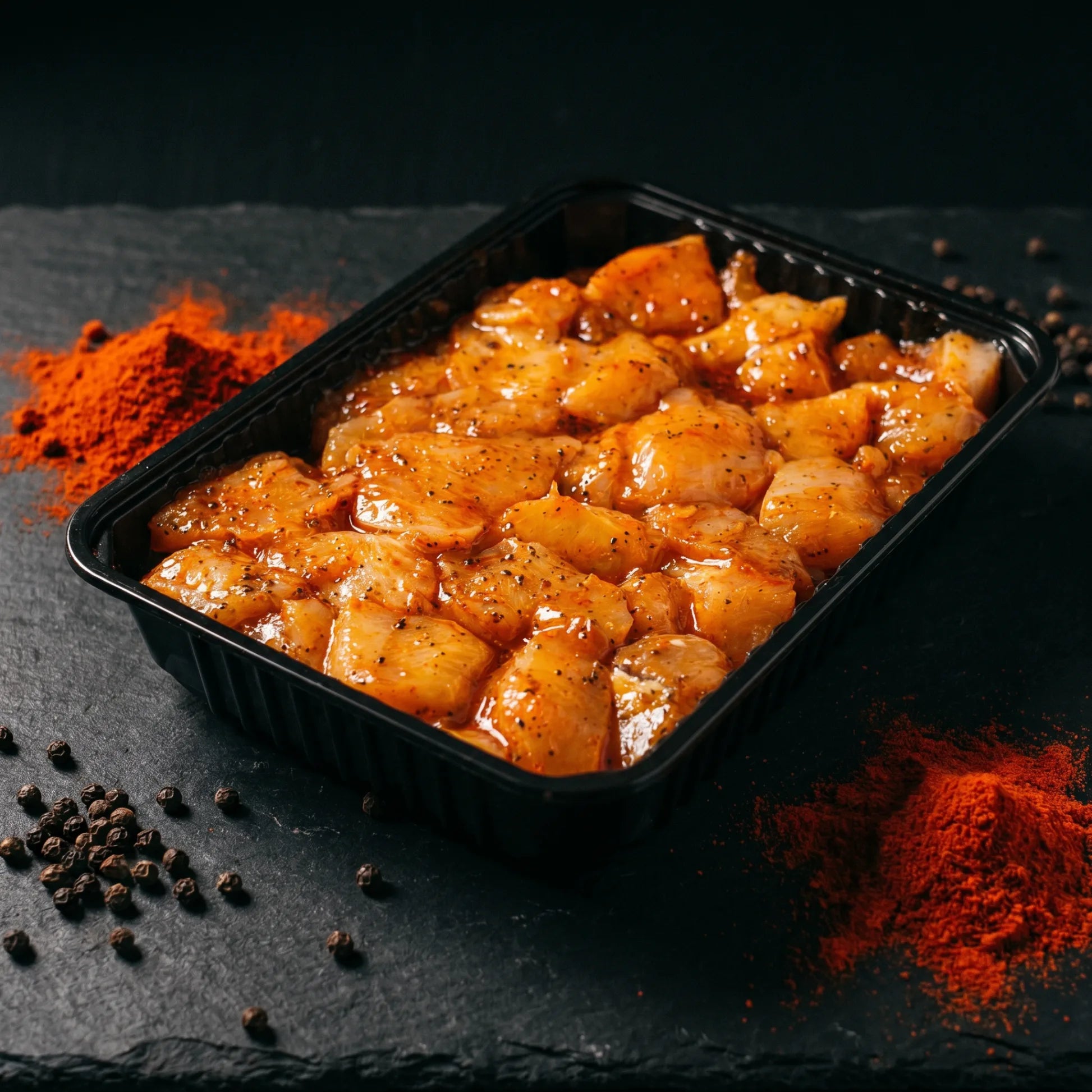 Poêlée de poulet mariné saveur Andalouse, marinade paprika piment d'Espelette, barquette prête à cuire